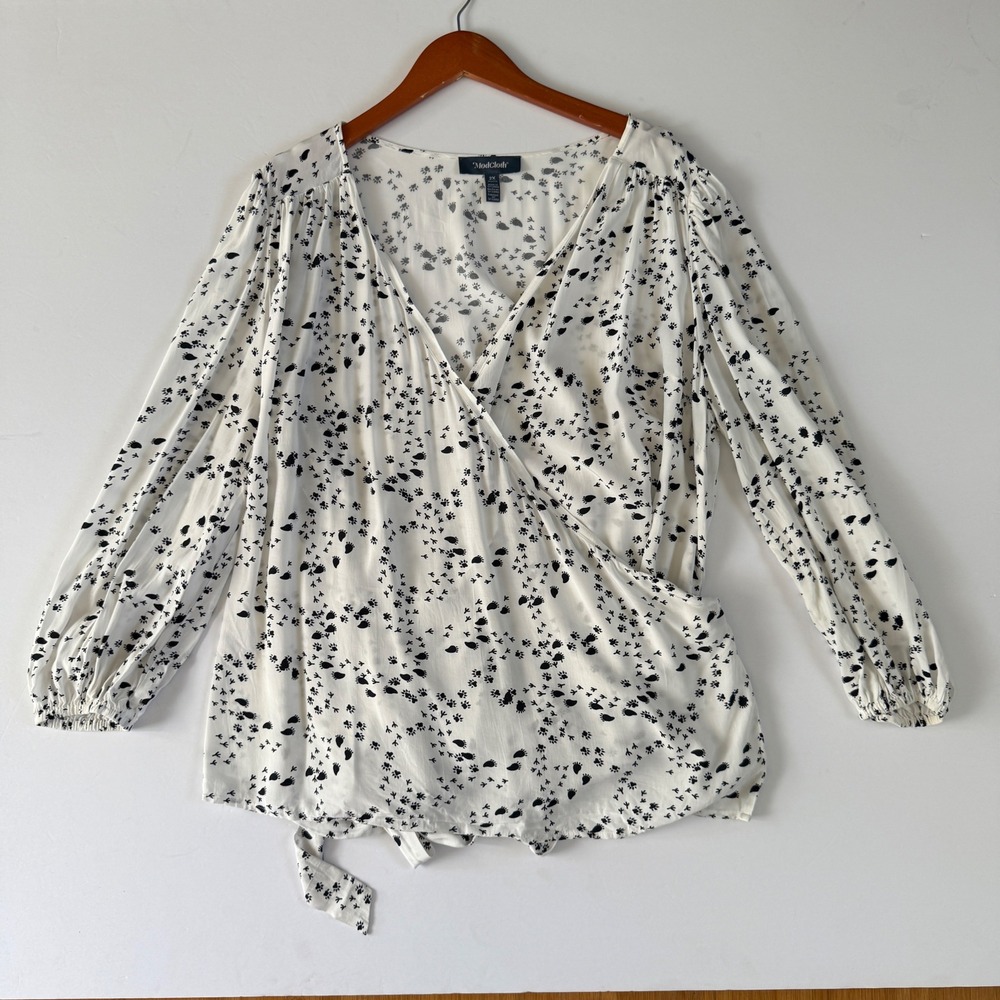ModCloth Womens Wrap Blouse Paw Print‎ Long Sleeve Tie Waist Size 2X White